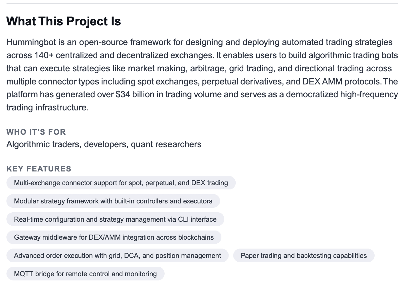 CodeDashboard project overview showing description, target audience, and key features for a repository